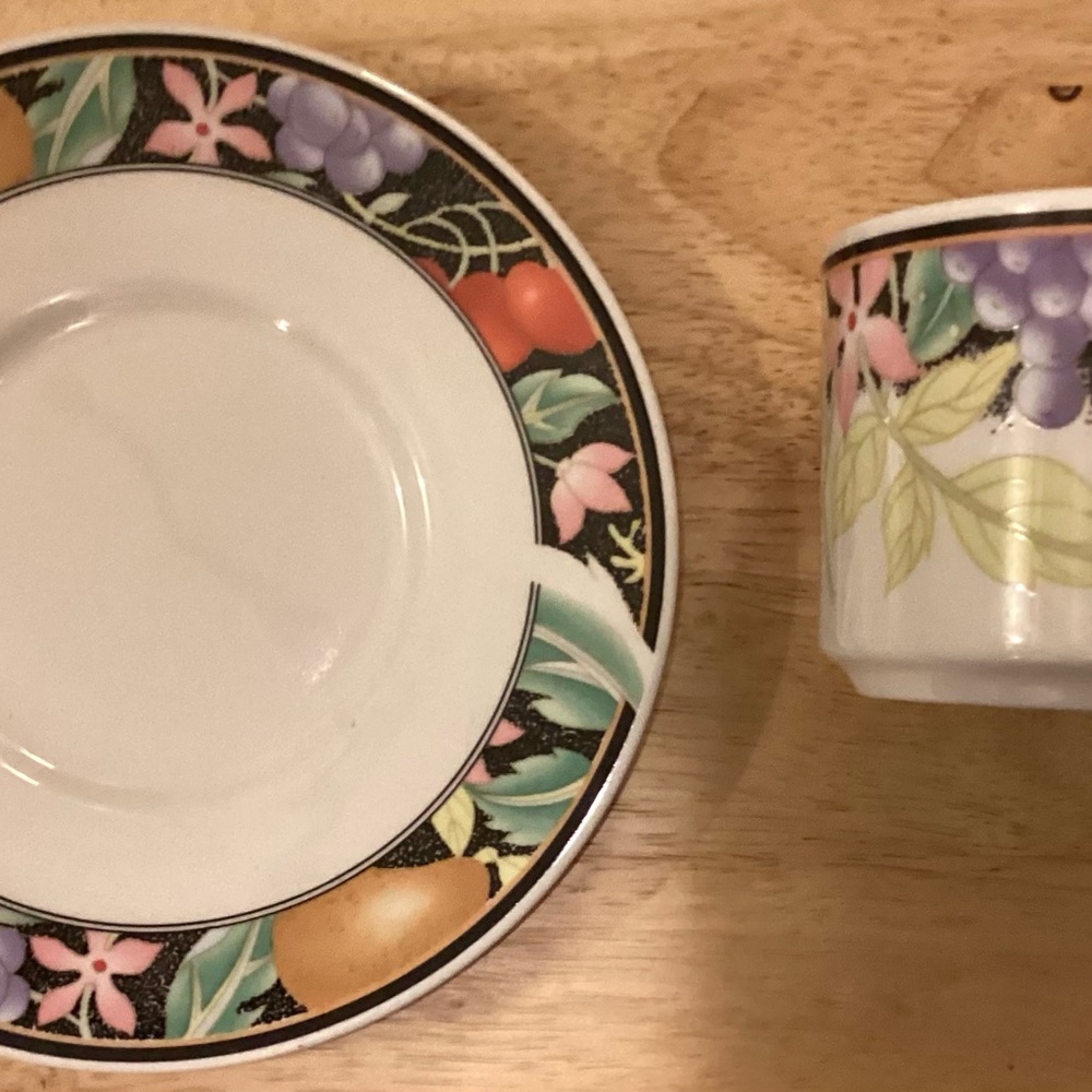 Vintage Lynn’s Stoneware Vibrant Fruit and Floral Cup & Saucer Set